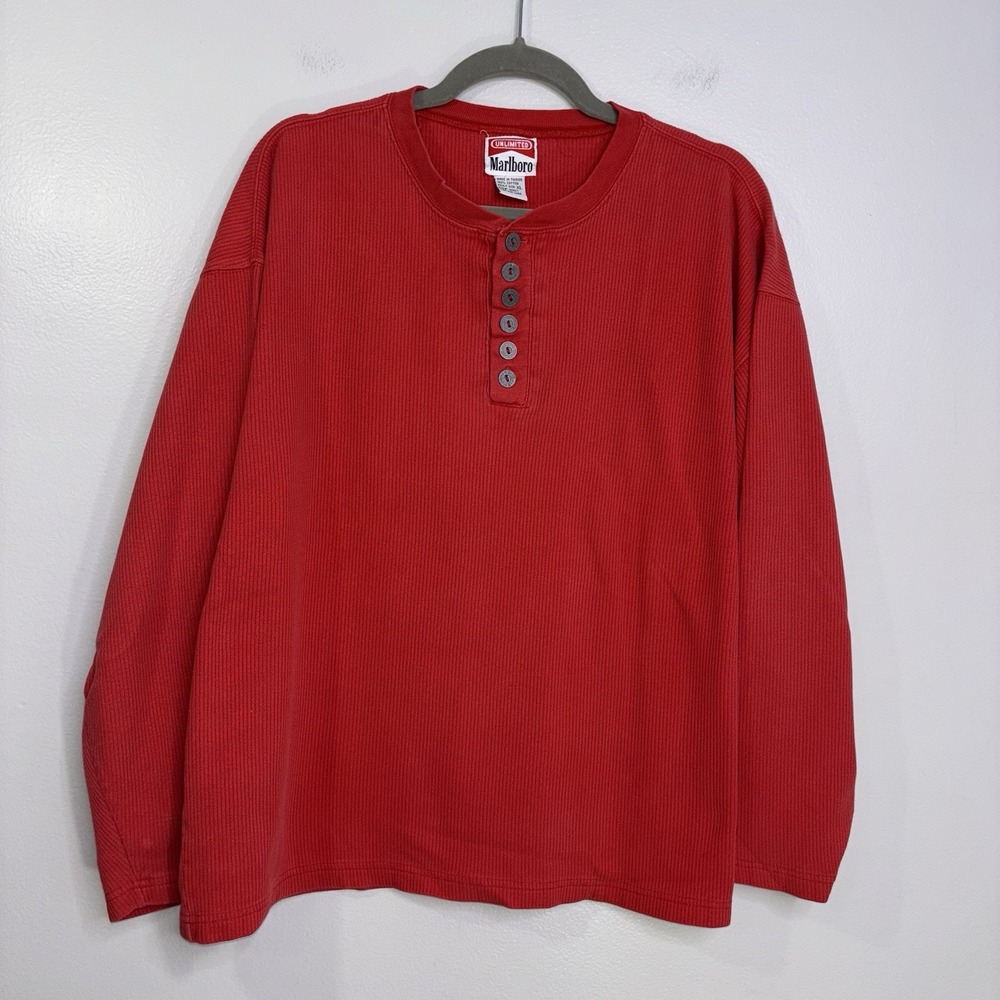 Vintage Marlboro Unlimited Red Henley Long Sleeve Shirt 90s Thermal XL